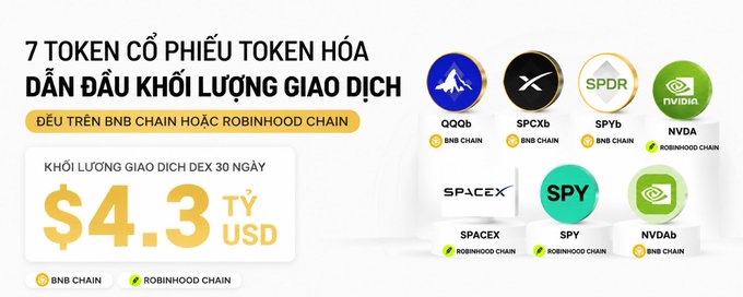A promotional graphic announces that 7 tokenized stock tokens lead DEX trading volume on BNB Chain or Robinhood Chain, highlighting a 30-day DEX volume of $4.3 billion USD. The image displays logos for QQQb, SPCXb, SPYb, NVDA (on Robinhood Chain), and SPACEX, SPY, NVDAb (on Robinhood/BNB Chain), aligning with the post's claim that QQQb tops the list at $1.6B, followed by SPCXb and SPYb.