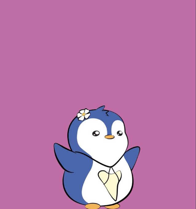 A cute cartoon penguin with a white flower on its head and a heart-shaped pendant on a pink background.
