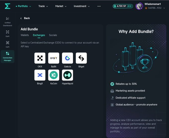 A screenshot of a cryptocurrency portfolio management interface showing an 'Add Bundle' page with options to connect to centralized exchanges including OKX, ByBit, Gate.io, Bitget, BingX, KuCoin, and Hyperliquid.