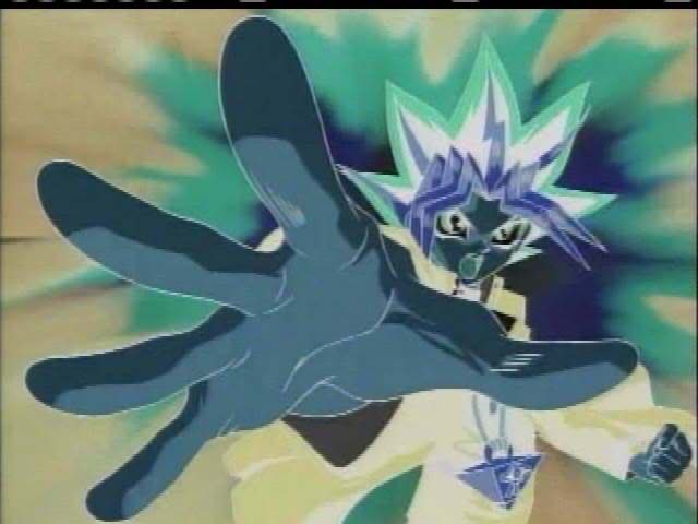 A screenshot from Yu-Gi-Oh! shows a character with wild green hair performing a "To the Shadow Realm" attack with an outstretched hand, visually illustrating the social media advice to block or mute unwanted users by banishing them into obscurity.