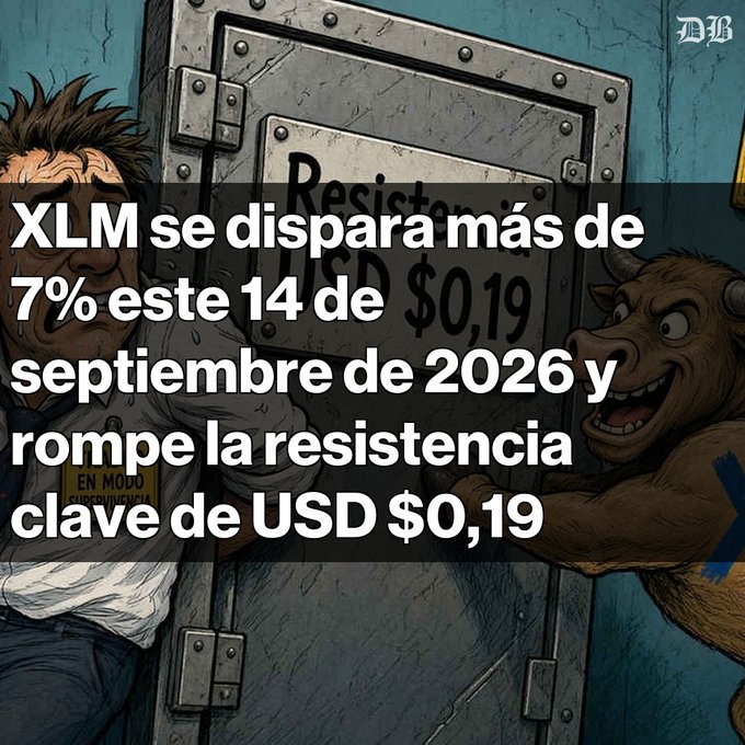 An illustrated graphic of a bull and bear fighting shows Spanish text: 'XLM se dispara más de 7% este 14 de septiembre de 2026 y rompe la resistencia clave de USD $0,19', referencing Stellar (XLM) cryptocurrency.