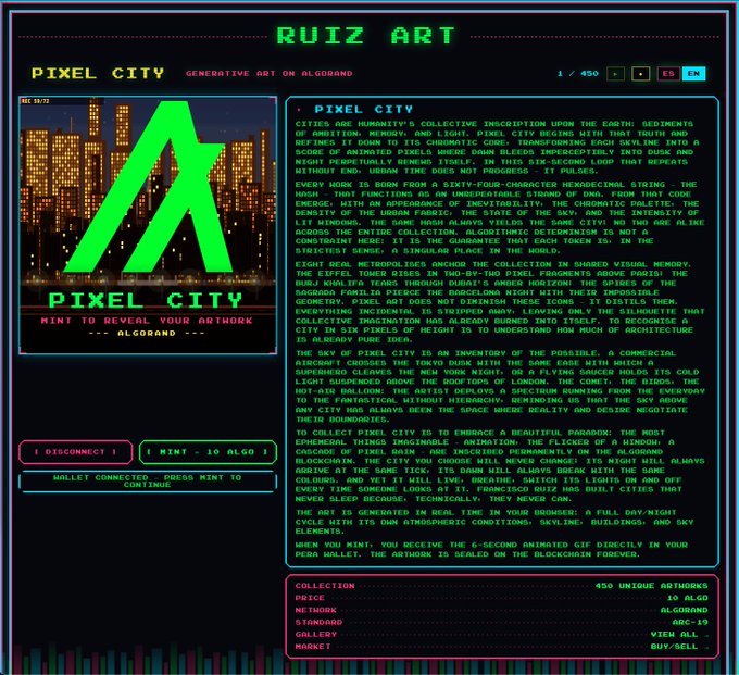 The image shows a page from a website called "Pixel City" that features a list of cities generated by pixel art, with each city being 6 seconds long. The website also has a section for comments and a gallery showcasing various pieces of pixel art.