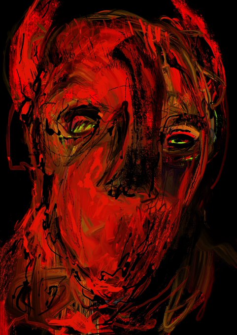 A dark, stylized digital painting of a face rendered in red and black with glowing green eyes, appearing as expressive NFT-style artwork.