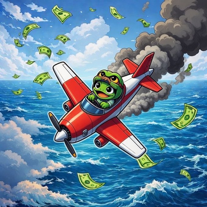 A cartoon illustration depicts a green frog wearing a pilot's cap flying a red airplane over a choppy blue ocean, surrounded by falling dollar bills and trailing dark smoke.
