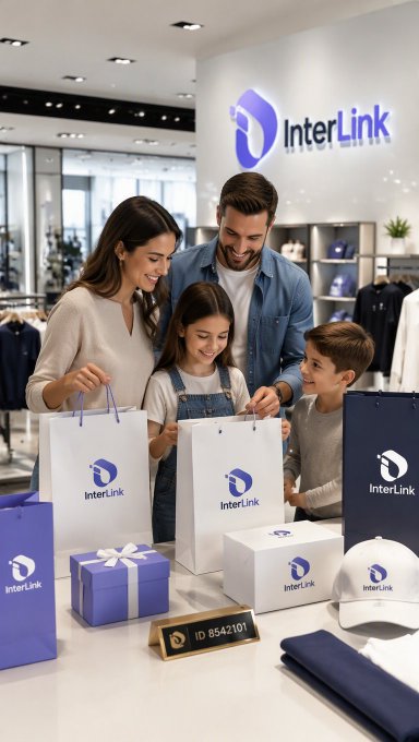 A family of four smiles while shopping at an InterLink retail store, surrounded by branded shopping bags, gift boxes, and merchandise featuring the InterLink logo. The image visually reinforces the post's message about seamless shopping with $ITLG and $ITL, showcasing InterLink's user-friendly payment ecosystem in action.