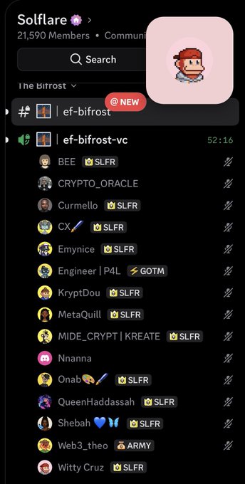 A Discord server called 'Solflare' displays voice channels under the 'The Bifrost' category, including 'ef-bifrost' and 'ef-bifrost-vc', with a list of members like BEE, CRYPTO_ORACLE, and Curmello shown below.