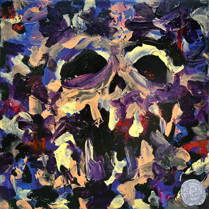An abstract, expressionistic painting of a skull rendered in heavy, textured brushstrokes of purple, black, yellow, and blue, with a silver coin stamp in the bottom right corner.