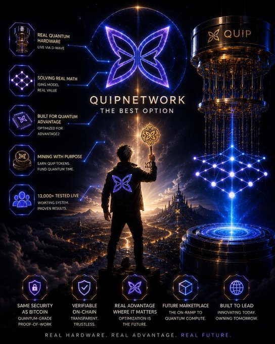 Promotional poster for 'QUIPNETWORK' highlighting features like real quantum hardware, quantum advantage, QUP tokens, and 13,000+ tested live working system, with tagline 'THE BEST OPTION' and 'REAL HARDWARE. REAL ADVANTAGE. REAL FUTURE.'
