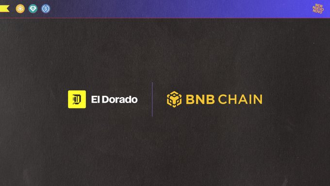 The image displays the "El Dorado" logo alongside the "BNB CHAIN" logo, promoting El Dorado's integration into the BNB ecosystem as referenced in the accompanying welcome post.
