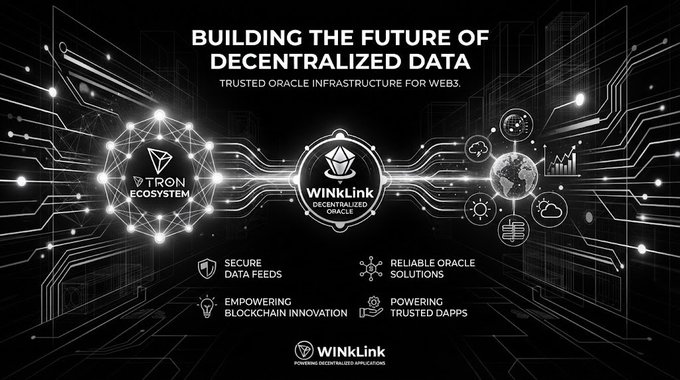 A black promotional graphic titled 'BUILDING THE FUTURE OF DECENTRALIZED DATA' featuring the Tron Ecosystem and WinkLink logos, highlighting secure data feeds and reliable oracle solutions for Web3.