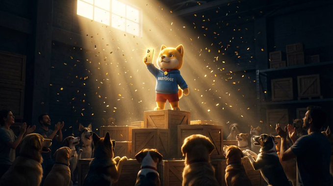 A cartoon Shiba Inu dog wearing a blue hoodie that says 'BABYDOGE' stands triumphantly on crates while a crowd of dogs and people cheer with confetti falling from above.