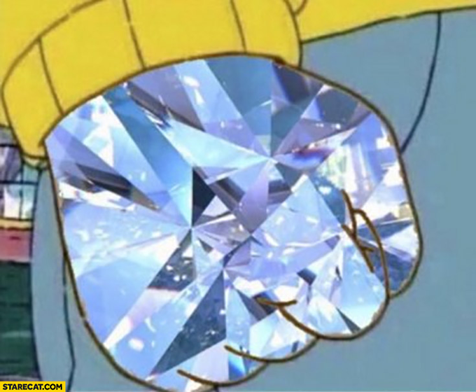An anime character holds a sparkling, oversized diamond between their fingers, with the watermark "STARECAT.COM" visible in the bottom left. The image visually emphasizes "holding onto valuable assets," paralleling the post's point about Jimmy Zhong hoarding his 51,680 stolen BTC for nearly a decade—suggesting that patiently gripping such a rare treasure, whether diamond or Bitcoin, is a lucrative strategy until outside forces intervene.