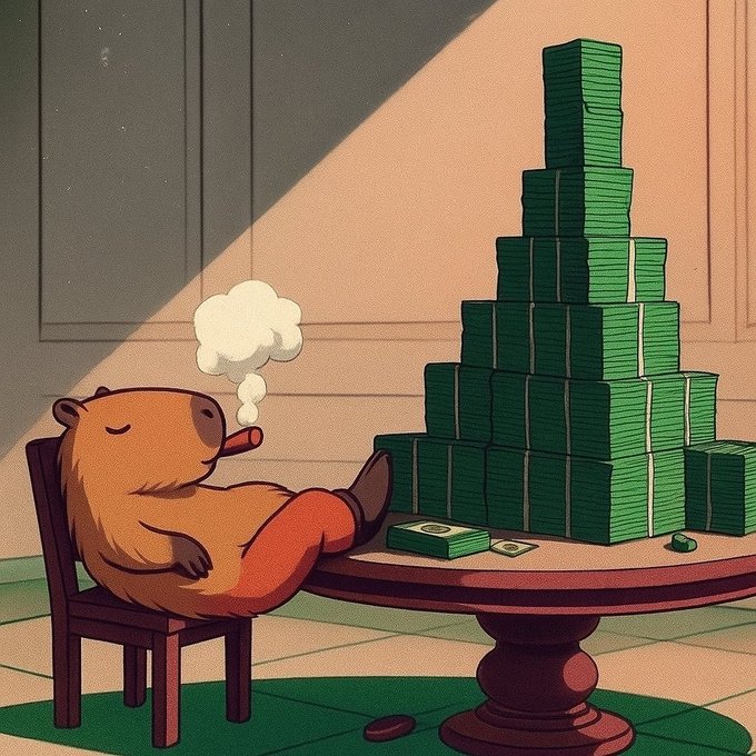 A cartoon illustration of a relaxed brown capybara sitting in a chair, smoking a cigar with its feet on a table, next to a large pyramid of stacked green money/cash bundles.