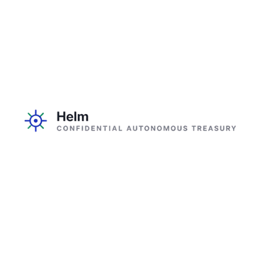A logo for "Helm" with the tagline "CONFIDENTIAL AUTONOMOUS TREASURY" in blue and black text on a white background.