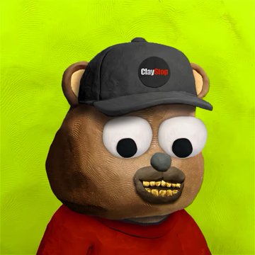 A 3D-rendered teddy bear character with gold teeth, a red shirt, and a grey "Clayster" branded cap stares wide-eyed against a bright green background.