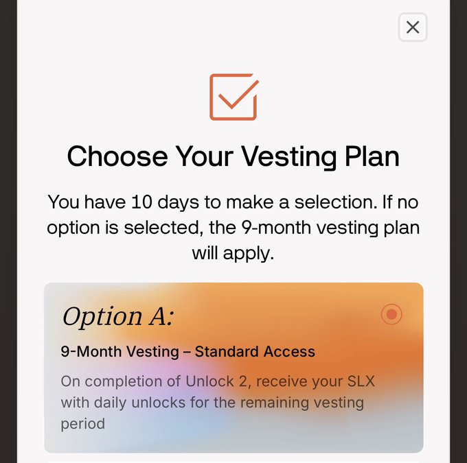 A digital popup titled 'Choose Your Vesting Plan' offers Option A: '9-Month Vesting – Standard Access' with a note that 10 days remain to select.