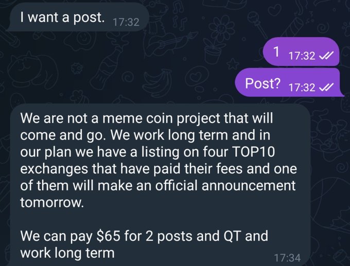 A chat message exchange where someone requests a post and then receives an offer of $65 for 2 posts from a crypto project claiming upcoming exchange listings.