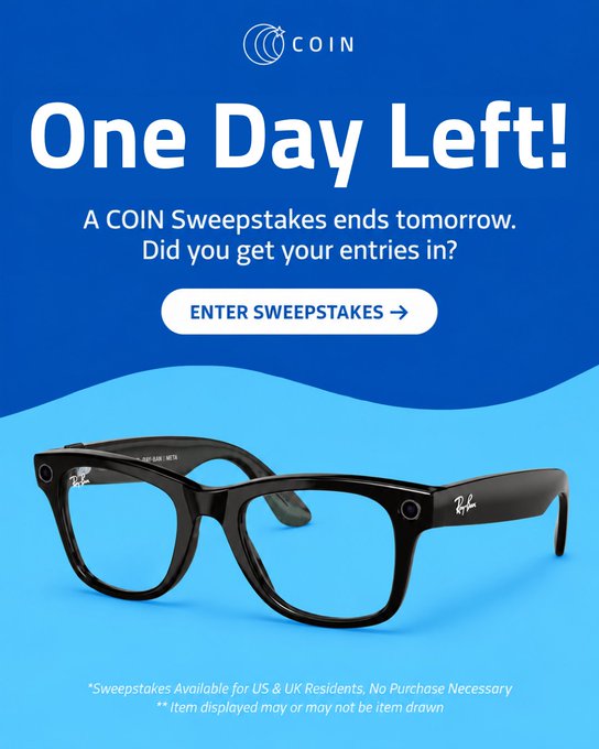 An advertisement for COIN magazine announcing 'One Day Left!' for a sweepstakes to win Ray-Ban Meta smart glasses, featuring a product image of the black-framed glasses on a blue background.
