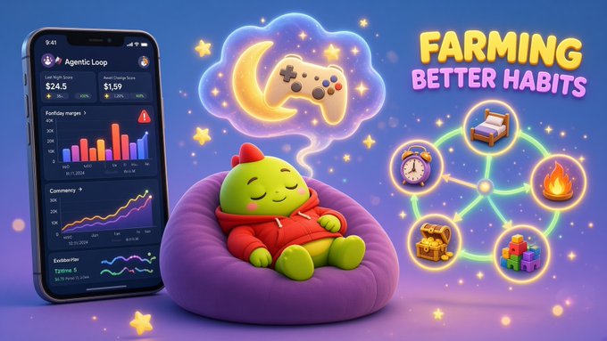 A 3D-rendered advertisement titled "FARMING BETTER HABITS" showing a green character sleeping in a beanbag chair with a gaming controller dream bubble, alongside a smartphone displaying an "Agentic Loop" dashboard.