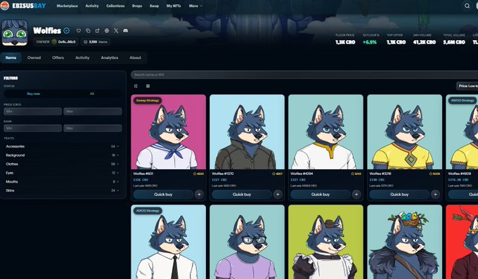 A Cryptsus Marketplace page showing NFT collectibles called "Wolfies," displaying various cartoon wolf characters with different outfits and traits, with price information in CRO cryptocurrency.