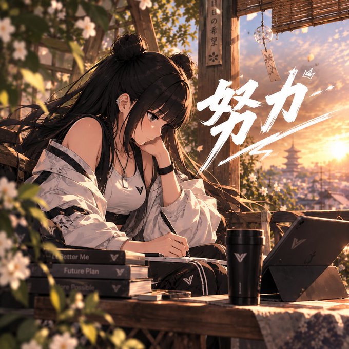 Anime-style illustration of a girl with dark hair writing in a notebook at sunset, with Chinese characters "努力" (effort) and Japanese text on books including "A Better Me" and "Future Plan".