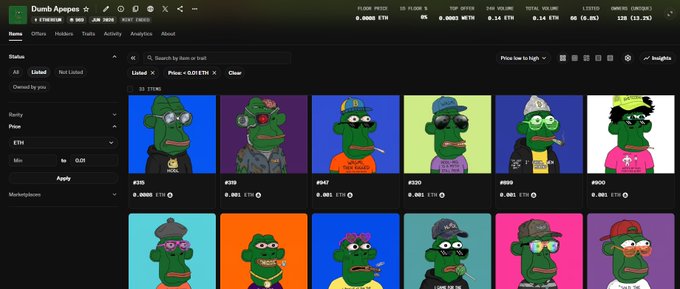 Screenshot of the OpenSea NFT marketplace showing a collection called 'Dumb Apes' with 33 items priced at 0.01 ETH each, displayed against various colorful backgrounds.