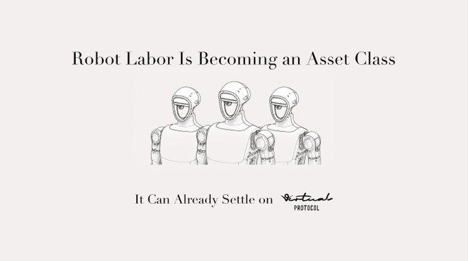 The image features three sketch-style humanoid robots in a row, with the headline "Robot Labor Is Becoming an Asset Class" and the subtext "It Can Already Settle on Virtual Protocol" alongside the $VIRTUAL Protocol logo. The caption reads: "The image visually echoes the post's message about Virtuals ecosystem momentum, illustrating how AI robot labor is positioned as an emerging asset class that can be transacted through the Virtual Protocol ($VIRTUAL) platform."