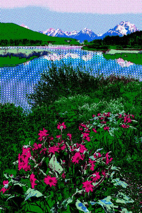 A stylized, halftone-effect painting of a landscape featuring a lake, mountains, and bright pink flowers in the foreground.