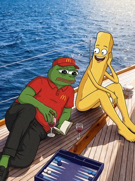 An illustration of a Pepe the Frog character in a McDonald's uniform relaxing on a boat deck with a smoking figure, sharing wine and fish.