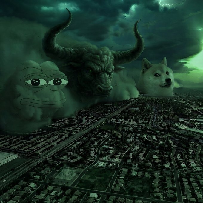 Three menacing entities emerge from storm clouds above a city: a Pepe the Frog face, a demonic bull with glowing eyes and large horns, and a Shiba Inu (Doge) head, all bathed in an eerie green light beneath flashing lightning—illustrating the post's ominous prophecy of "signs" appearing overhead.