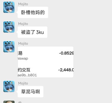 A Telegram chat log shows user "Mojito" reporting they were hacked and lost funds, including -0.852 ETH from "易swap" and -2,448 BNB from "约交互" (aeb_b801). The exchange illustrates the post's warning about hackers exploiting fake/pirated project websites found via direct searches, which led to the user's wallet being drained.