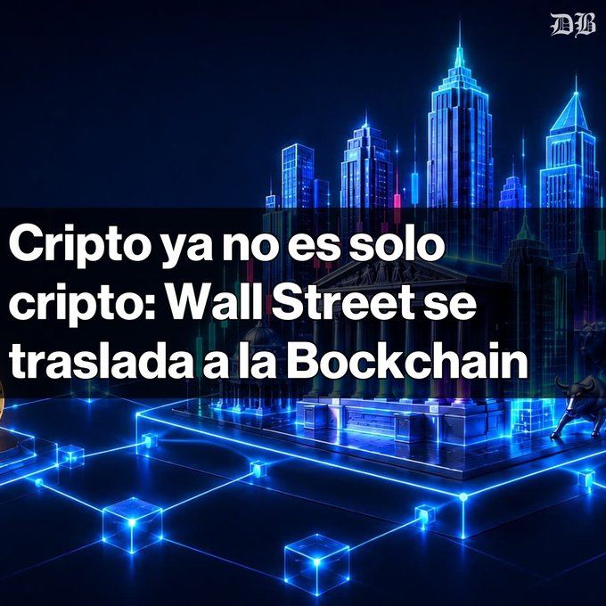 A graphic with a glowing blue futuristic cityscape and blockchain network background, overlaid with Spanish text reading 'Cripto ya no es solo cripto: Wall Street se traslada a la Bockchain' and a 'DB' logo in the corner.
