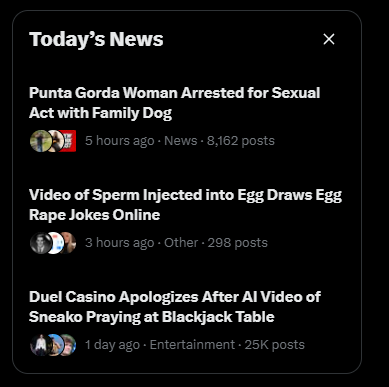 A screenshot of X's "Today's News" feature displays three tabloid-style headlines: "Punta Gorda Woman Arrested for Sexual Act with Family Dog" (8,162 posts), "Video of Sperm Injected into Egg Draws Egg Rape Jokes Online" (298 posts), and "Duel Casino Apologizes After AI Video of Sneako Praying at Blackjack Table" (25K posts). The selection illustrates the user's complaint that X's curated "Today's News" is prioritizing sensationalist, lurid, and low-quality content rather than legitimate news, representing what they call "slop."