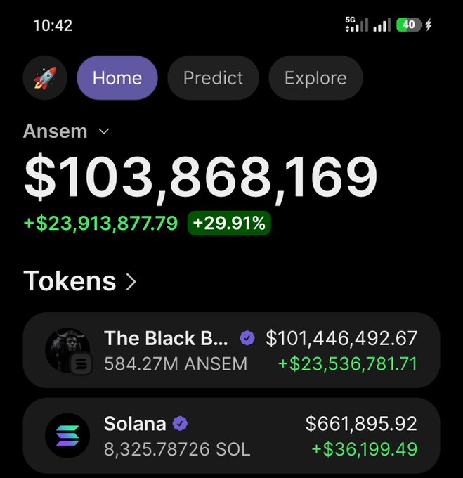 A screenshot of the Phantom wallet app displays Ansem's portfolio worth $103,868,169 (+29.91%), featuring 584.27M ANSM tokens valued at $101,446,492.67 and 8,325.78726 SOL valued at $661,895.92, corroborating the post's claim that his holdings have reached nine figures, primarily driven by the $101M ANSM position.