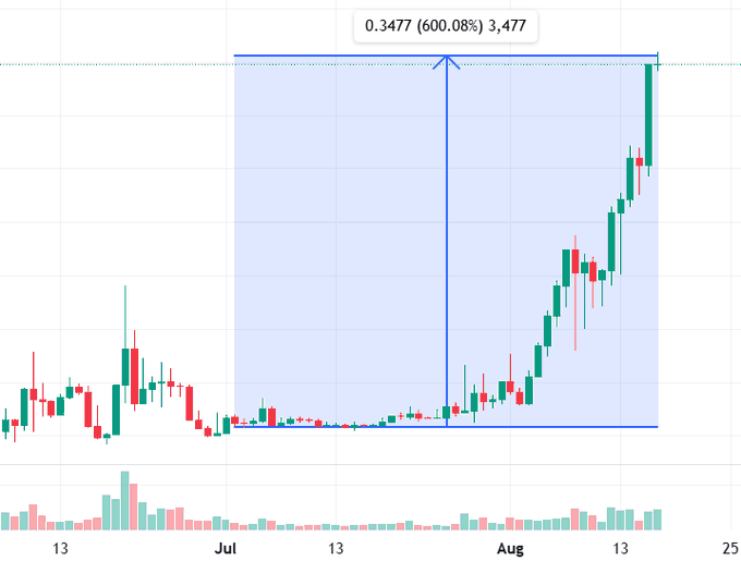 The image shows a candlestick chart tracking $BTW's price action with a highlighted pattern showing a +600.08% gain (0.3477 to 3,477), illustrating the significant upward move referenced in the post, where two fresh wallets recently withdrew 12M $BTW (~$4M) from Bitget.
