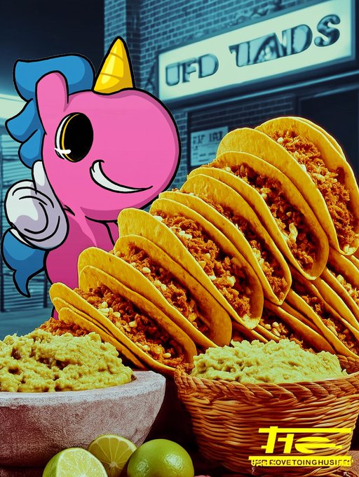 A promotional graphic featuring a pink cartoon unicorn mascot with a thumbs up, alongside rows of tacos and bowls of guacamole, with a sign reading 'UFD VANS' in the background and 'T2 UFDtoinGhousE' watermark.