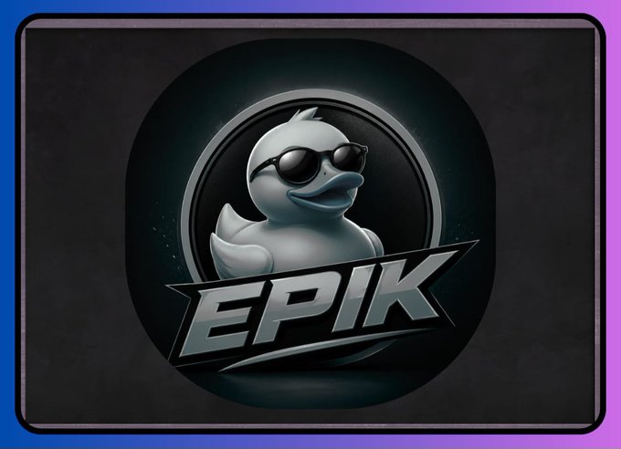 A dark badge-style logo featuring a white duck wearing sunglasses, with the text 'EPIK' displayed in bold metallic letters, framed by a blue and purple gradient border.