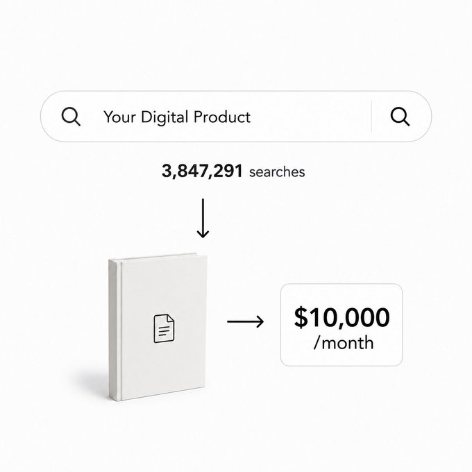 A search bar for "Your Digital Product" showing 3,847,291 searches leads to a simple PDF book that generates $10,000/month, illustrating how a basic digital asset can produce significant income.
