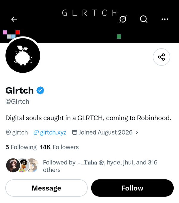 The image shows a Twitter/X profile page for "Glrtch" (@Glrtch), verified with 14K followers and 5 following, displaying the bio "Digital souls caught in a GLRTCH, coming to Robinhood," with a profile picture featuring a glitchy white apple-like design. The accompanying post criticizes the project as a "SCAM," claiming the team made nearly every CT (Crypto Twitter) account wallet eligible for the GDT (likely a token distribution or mint) and that the entire mint sold out in just one minute, with the user expressing frustration about wasting their time. The image relates to the post as it displays the official Glrtch project profile being targeted by the user's complaints about the unfair and rapid sellout of the mint.