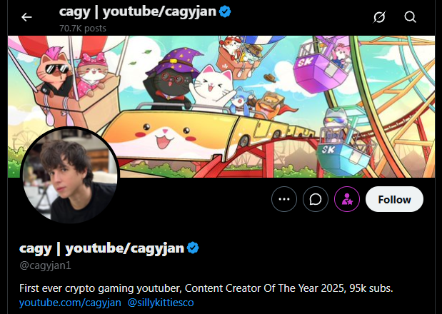 A Twitter/X profile for 'cagy | youtube/cagyjan' (@cagyjan1) describing themselves as the first ever crypto gaming youtuber and Content Creator Of The Year 2025, with 70.7K posts and linking to sillykittiesco.