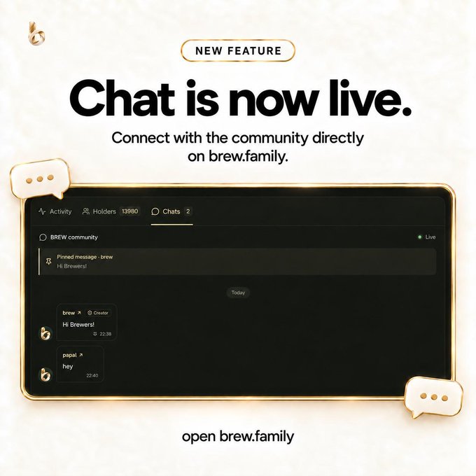 A promotional graphic announces 'NEW FEATURE: Chat is now live,' inviting users to 'Connect with the community directly on brew.family,' featuring a dark-themed chat interface mockup.