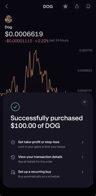 This image shows a phone screen displaying a screenshot of an app interface with a message that reads "Successfully purchased $100,000 of DOG" followed by details about the purchase. The main focus of the photo seems to be on this purchase, but there is also some text in the corner which could provide additional context or information related to the dog trading app.