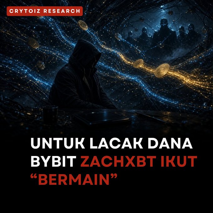A Crytoiz Research article graphic showing a hooded figure surrounded by digital streams and coins, with the headline 'UNTUK LACAK DANA BYBIT ZACHXBT IKUT "BERMAIN"' in Indonesian.