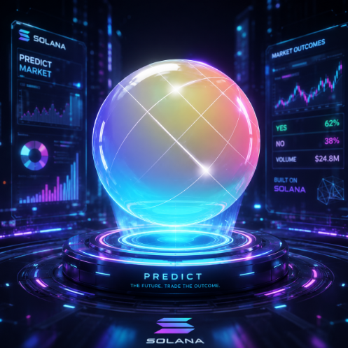 Futuristic promotional graphic for a Solana-based 'PREDICT' platform, featuring a glowing crystal ball with 'YES 62%' and 'NO 38%' market outcomes displayed on digital screens.