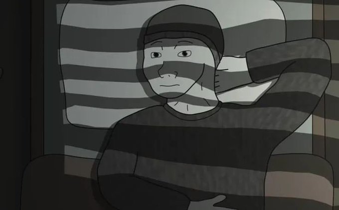 A black and white cartoon depicts a man wearing a striped beanie and a striped shirt, resembling a stereotypical burglar, leaning back casually against a striped background.