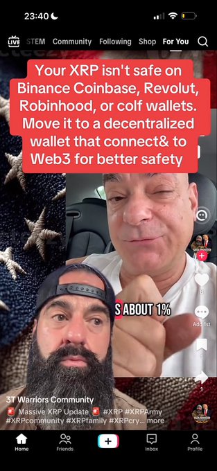 A TikTok video screenshot warning 'Your XRP isn't safe on Binance, Coinbase, Revolut, Robinhood, or cold wallets. Move it to a decentralized wallet that connects to Web3 for better safety,' posted by '3T Warriors Community' with XRP-related hashtags.