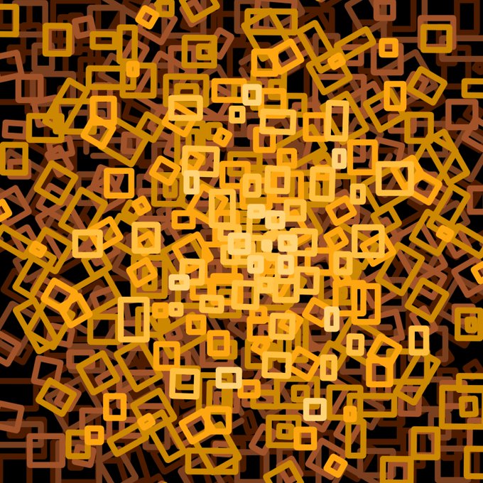 A vibrant, abstract burst of overlapping golden and orange square outlines radiating outward from a bright center against a dark background, visually capturing the energetic, celebratory spirit of a "Happy day."