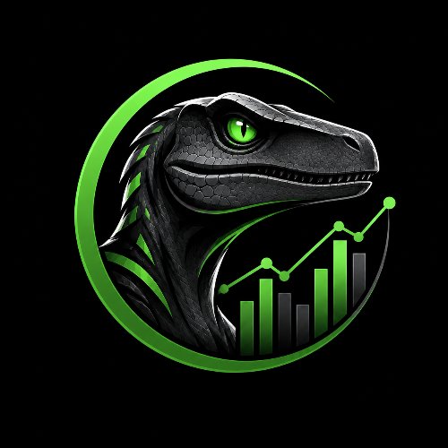 Logo featuring a black raptor dinosaur head with a green eye, encircled by a green ring, set against a black background with a green rising bar chart and line graph.