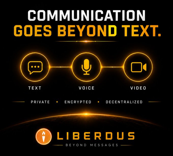 A promotional graphic for 'LIBERDOUS - BEYOND MESSAGES' displaying the tagline 'COMMUNICATION GOES BEYOND TEXT' with icons for Text, Voice, and Video, emphasizing private and encrypted services.