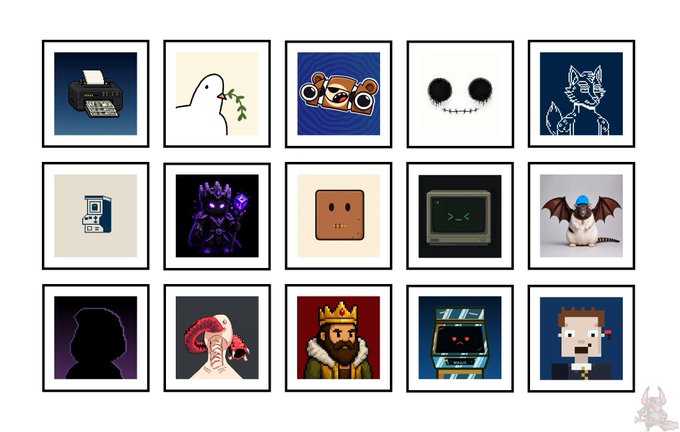 A grid of 15 pixel art style NFT images featuring various characters including ghosts, a dinosaur, a king, and robots.